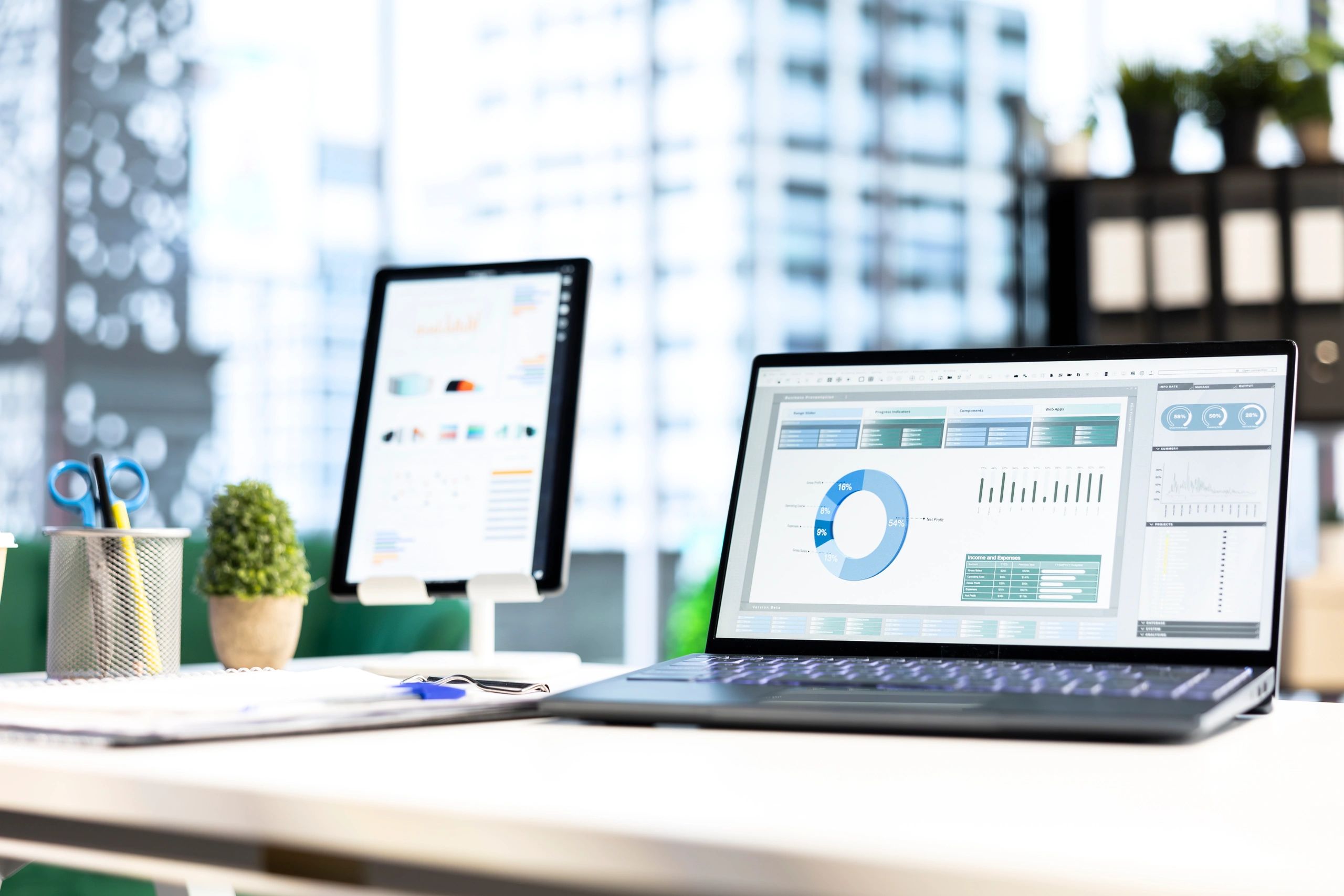 Modern office analytics screen, representing a client testimonial