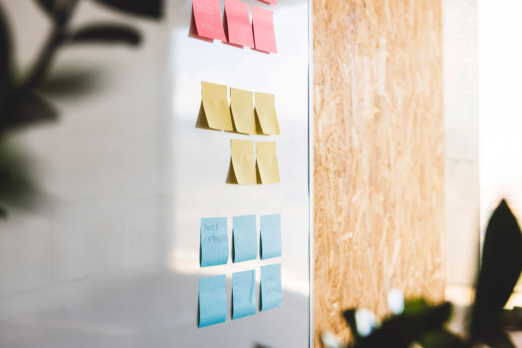 Planning sticky notes on a wall representing coordinated workflow